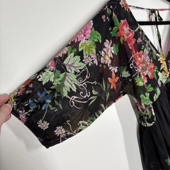 Johnny Was Womn XL Black Floral Cotton Silk Sheer Metalli Notte A-Line Dress NWT - Picture 7 of 14